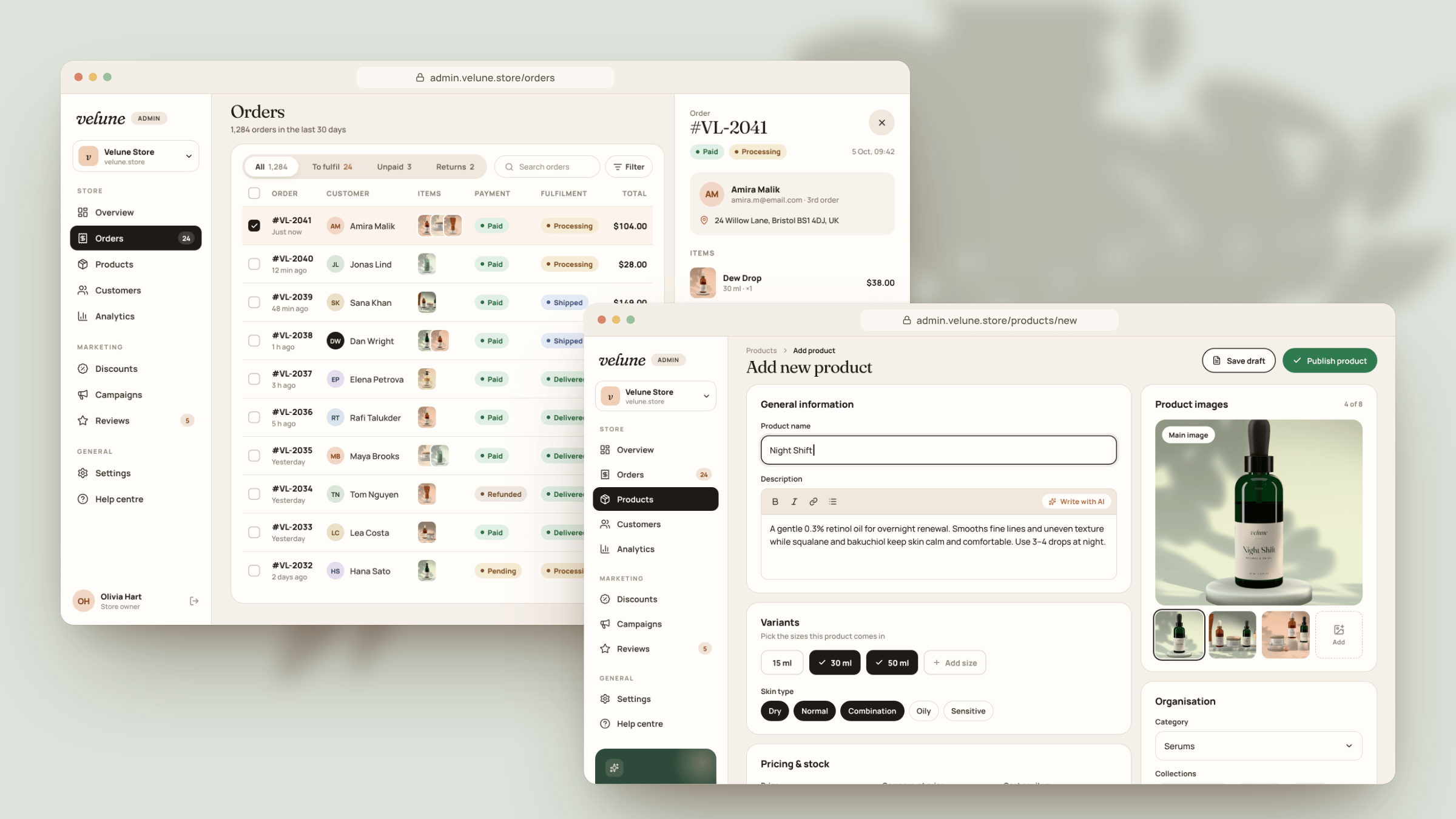 Velune: Orders and product editor in the admin