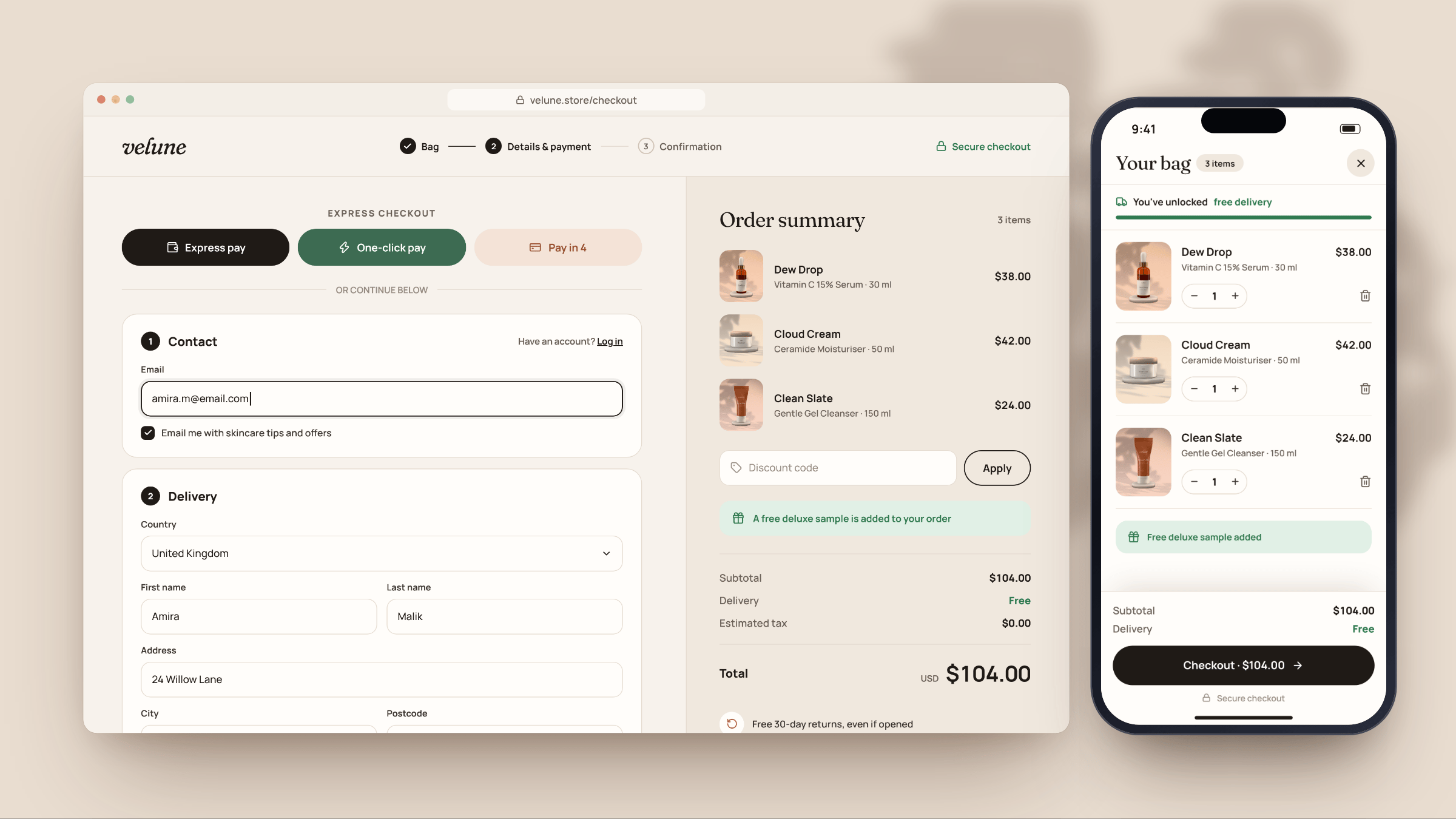 Velune: Express checkout, on desktop and mobile
