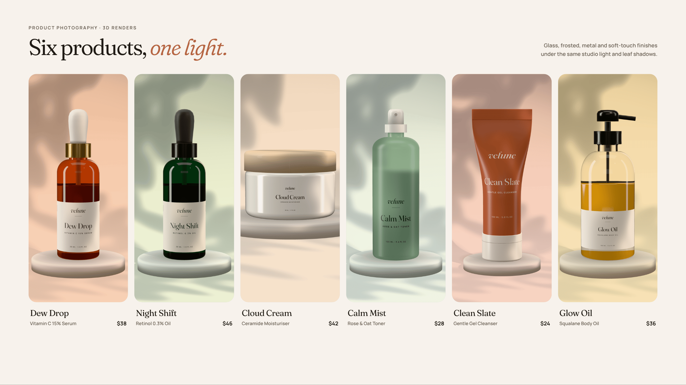 Velune: Six products, one light: 3D product renders